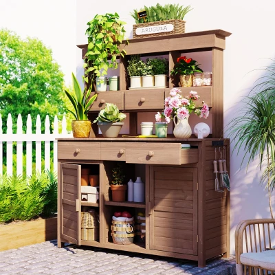 Tall Garden Potting Bench with Hutch & 6 Drawer, 50'' L x 20.5'' W x 65.5'' H, Brown