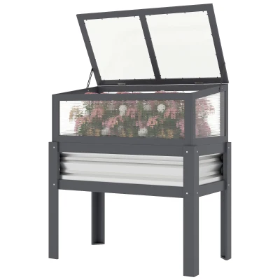 Outsunny Raised Garden Bed with Flip-Up Greenhouse Top, Wooden Elevated Planter Box with Legs and Liner, Grey