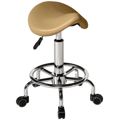 HOMCOM Saddle Stool, PU Leather Adjustable Rolling Salon Chair, Light Brown