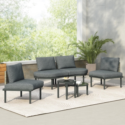 6-Piece Half Moon Sectional Sofa with 2 Coffee Table & Cushions, 34.5'' L x 25.5'' W x 12.5'' H, Gray