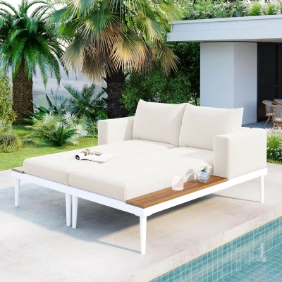 2 In 1 Outdoor Daybed with Wood Side Table for Patio, 59" L x 55" W x 21" H, Beige