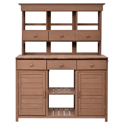 Tall Garden Potting Bench with Hutch & 6 Drawer, 50'' L x 20.5'' W x 65.5'' H, Brown