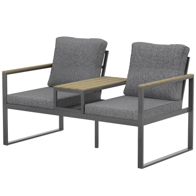 Outsunny Outdoor Garden Bench with Integrated Table, 2 Seater Patio Loveseat with Thick Cushions, 136 cm Grey