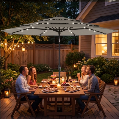 Outsunny 9.3 ft Patio Umbrella with Solar LED Lights, Cover, 3 Tier Outdoor Market Table Parasol with Tilt, Crank, Grey