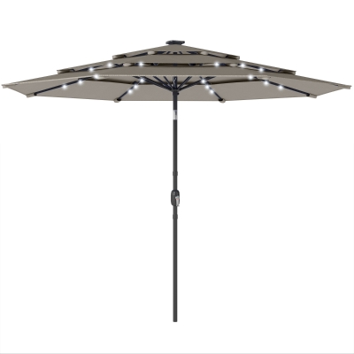 Outsunny 9.3 ft Patio Umbrella with Solar LED Lights, Cover, 3 Tier Outdoor Market Table Parasol with Tilt, Crank, Grey