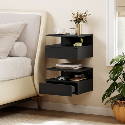 HOMCOM Floating Nightstand Set of 2, Wall Mounted Bedside Table with Drawer and Shelf, Small Night Stand for Bedroom, Black