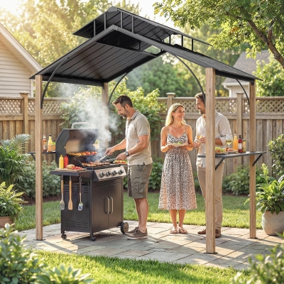 Outsunny 8 x 6ft Hardtop Grill Gazebo, BBQ Gazebo with Metal Double Roof, Outdoor Grill Canopy with Wood-Grain Aluminum Frame