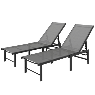 Outsunny Outdoor Lounge Chair Set of 2, 5-Position Reclining Outdoor Chaise Lounge Tanning Chair with Mesh Seat, Grey