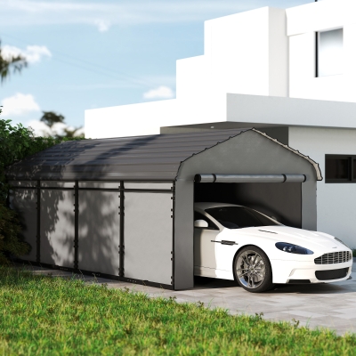 Outsunny 12' x 20' Metal Carport, Heavy Duty Garage Car Shelter with Galvanized Metal Roof and Removable Sidewalls, Light Grey