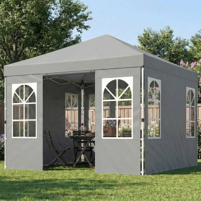 Outsunny 9.6 x 9.6 ft Pop Up Canopy Tent with 4 Sidewalls, UPF 50+ 1-Button Push Easy Setup Outdoor Instant Canopy, Light Grey