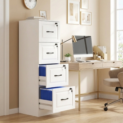 HOMCOM 4 Drawer File Cabinet with Lock, Vertical Filing Cabinet with Adjustable Hanging Bars for A4 and Letter Size, White