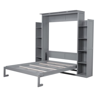Queen Size Murphy Bed with Shelves and LED Lights, Space-Saving Wall Bed with Flexible Slats, 93.5" L x 84.5" W x 88.5" H, Grey