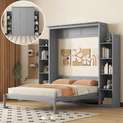 Queen Size Murphy Bed with Shelves and LED Lights, Space-Saving Wall Bed with Flexible Slats, 93.5" L x 84.5" W x 88.5" H, Grey