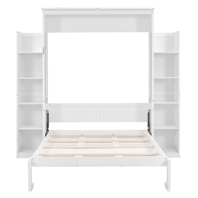 Full Size Murphy Bed with Shelves and LED Lights, Space-Saving Wall Bed with Flexible Slats, 87" L x 81" W x 83.5" H, White
