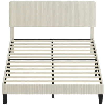 HOMCOM Queen Size Bed Frame with Adjustable Upholstered Headboard Platform Bed Frame Wood Slat Support Noise Free Light Grey