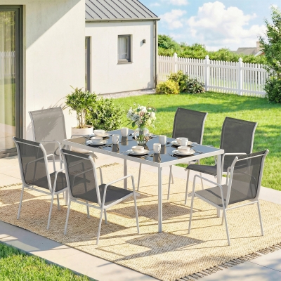 Outsunny 7 Piece Garden Dining Set, Garden Furniture Set with Rectangle Table and 6 Stackable Chairs