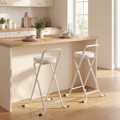 HOMCOM Foldable Bar Stools Set of 2, Folding Kitchen Chairs with PU Cushioned Seat, Footrest, White