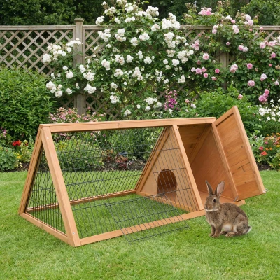 PawHut 46" Wooden A-Frame Rabbit Cage with Run, Yellow
