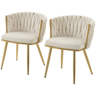 HOMCOM Modern Dining Chairs Set of 2, Velvet-Feel Upholstered Kitchen Chairs with Woven Backrest and Metal Legs, Cream White