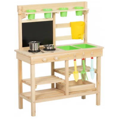 Qaba Kids Mud Kitchen, Outdoor Wooden Play Kitchen with Kitchenware & Garden Tools, Pretend Play Outdoor Toys, Natural