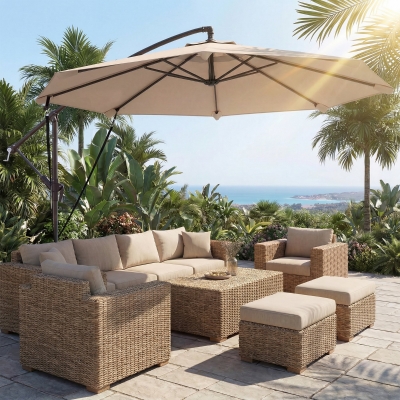 Outsunny 10FT Cantilever Patio Umbrella with 8 Ribs, Offset Patio Umbrella with Cover and Wind Ropes for Garden, Yard, Khaki