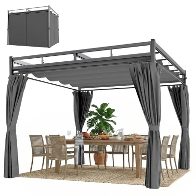 Outsunny 10' x 10' Outdoor Gazebo, Retractable Pergola Canopy with Curtains, UPF30+ Free Standing Metal Pergola Kit, Dark Grey