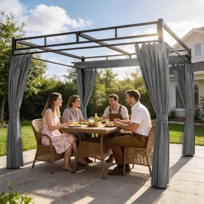 Outsunny 10' x 10' Outdoor Gazebo, Retractable Pergola Canopy with Curtains, UPF30+ Free Standing Metal Pergola Kit, Dark Grey