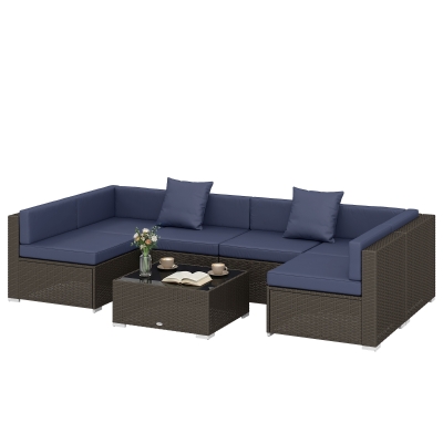 Outsunny 7pc Garden Wicker Sectional Set w/ Tea Table Patio Rattan Lounge Sofa Outdoor Deck Furniture Navy Blue