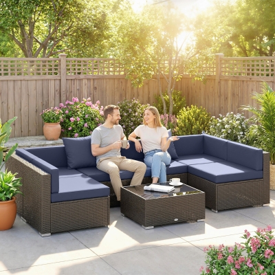 Outsunny 7pc Garden Wicker Sectional Set w/ Tea Table Patio Rattan Lounge Sofa Outdoor Deck Furniture Navy Blue