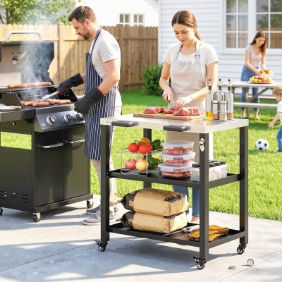 Outsunny Outdoor Grill Cart with Stainless Steel Tabletop, 2 Shelves, Rolling Prep Dining Cart with Lockable Wheels