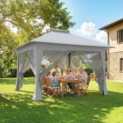 Outsunny 12' x 12' Foldable Pop-up Party Tent Instant Canopy Sun Shade Gazebo Shelter with Steel Frame, Light Grey