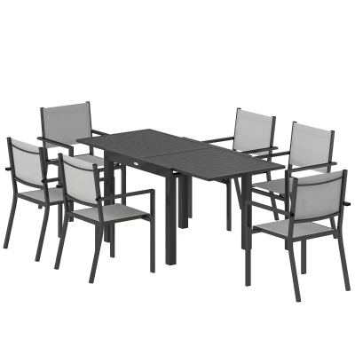 Outsunny 7 Pieces Outdoor Dining Set, Aluminum Patio Table and Chairs Set for 6 with Extendable Tabletop and Stackable Chairs