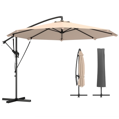 Outsunny 10FT Cantilever Patio Umbrella with 8 Ribs, Offset Patio Umbrella with Cover and Wind Ropes for Garden, Yard, Khaki