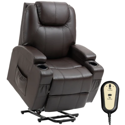HOMCOM Power Lift Recliner Chair for Elderly, PU Leather Lift Chair with Thick and High Back, Footrest, Remote, Side Pockets, Cup Holders, Reclining Sofa for Living Room, Brown