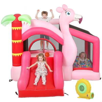 Qaba Pink Inflatable Bounce House with Ball Pool & Blower