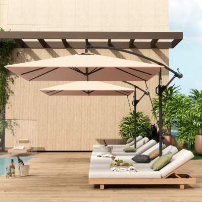 Outsunny Patio Offset Umbrella UPF 50+ UV Protection, Crank Parasol with Base, Cover & Wind Securing, Khaki