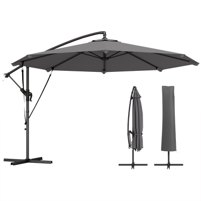 Outsunny 10FT Cantilever Patio Umbrella with 8 Ribs, Offset Patio Umbrella with Cover and Wind Ropes for Garden, Yard, Dark Grey