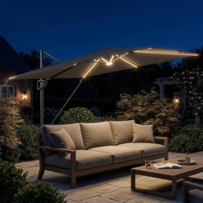 Outsunny 10 x 9.7 ft Offset Cantilever Patio Umbrella with Lights, Wind Rope, UPF50+ Outdoor Cantilever Parasol, Dark Grey