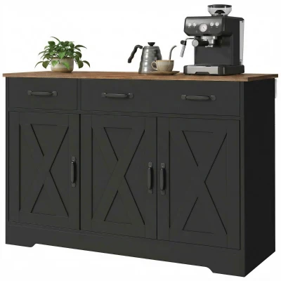 HOMCOM Sideboard Buffet Cabinet, 43" Farmhouse Kitchen Cabinet with 3 Barn Doors, 2 Drawers, 2 Adjustable Shelves, Black