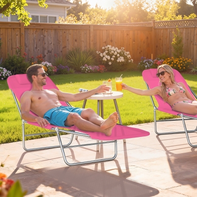 Outsunny Outdoor Lounge Chair, Portable Reclining Seat, Folding Chaise Lounge, Tanning Chair Bed with Pillow, Pink