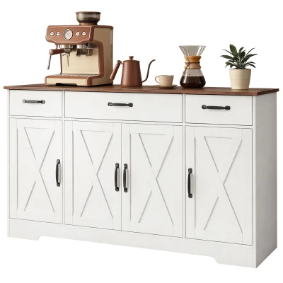 HOMCOM Sideboard Buffet Cabinet, 55" Farmhouse Kitchen Cabinet with 4 Barn Doors, 3 Drawers, 3 Adjustable Shelves, White