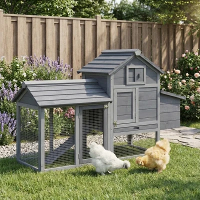 PawHut 59" Wooden Chicken Coop, Outdoor Poultry Cage, Gray