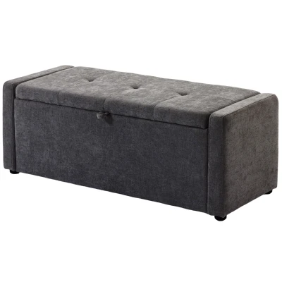 HOMCOM Storage Ottoman Bench, Linen-Look Fabric Upholstered Ottoman with Storage, Wide Padded Seat, Dark Grey