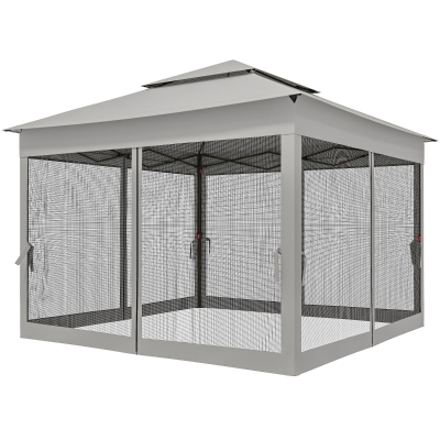 Outsunny 11' x 11' Pop Up Canopy 2-Tier Soft Top Shelter Event Tent w/ Netting Carry Bag for Patio Backyard Garden, Light Grey