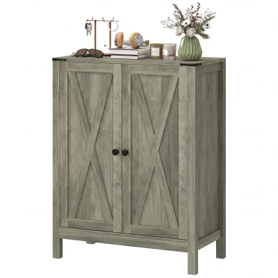 HOMCOM Shoe Cabinet with Barn Doors, Farmhouse Shoe Storage Cabinet with Adjustable Shelves, Holds up to 15 Pairs, Grey
