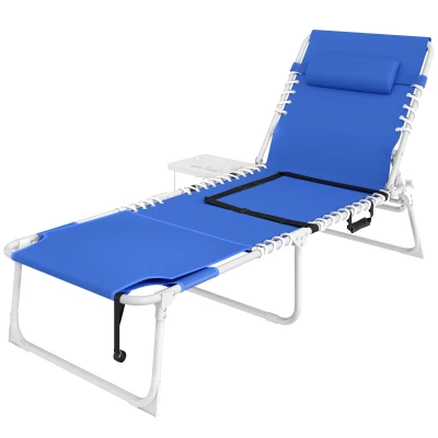 Outsunny Tanning Chair with Face Hole and Side Table, Folding Outdoor Lounge Chair with Carry Straps, Side Pocket, Navy Blue