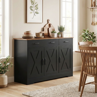 HOMCOM Sideboard Buffet Cabinet, 43" Farmhouse Kitchen Cabinet with 3 Barn Doors, 2 Drawers, 2 Adjustable Shelves, Black