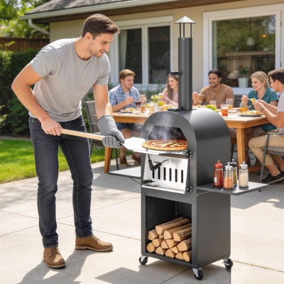 Outsunny Outdoor Wood Fired Pizza Oven with Side Shelves and Open Cabinet, Pizza Maker on Wheels with Thermometer, Stone, Peel
