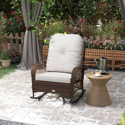 Outsunny Outdoor Wicker Rattan Rocking Chair Patio Rocker with Thick Cushions for Garden Backyard Porch, Light Mixed Brown