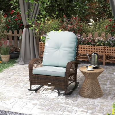 Outsunny Outdoor Wicker Rattan Rocking Chair Patio Rocker with Thick Cushions for Garden Backyard Porch, Light Green